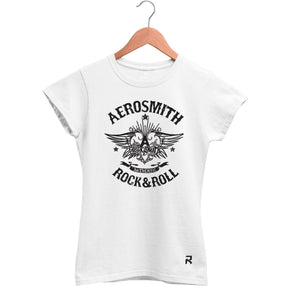 Camiseta Baby Look Feminina Aerosmith Rock & Roll - Clube Rock - P - Branca - 