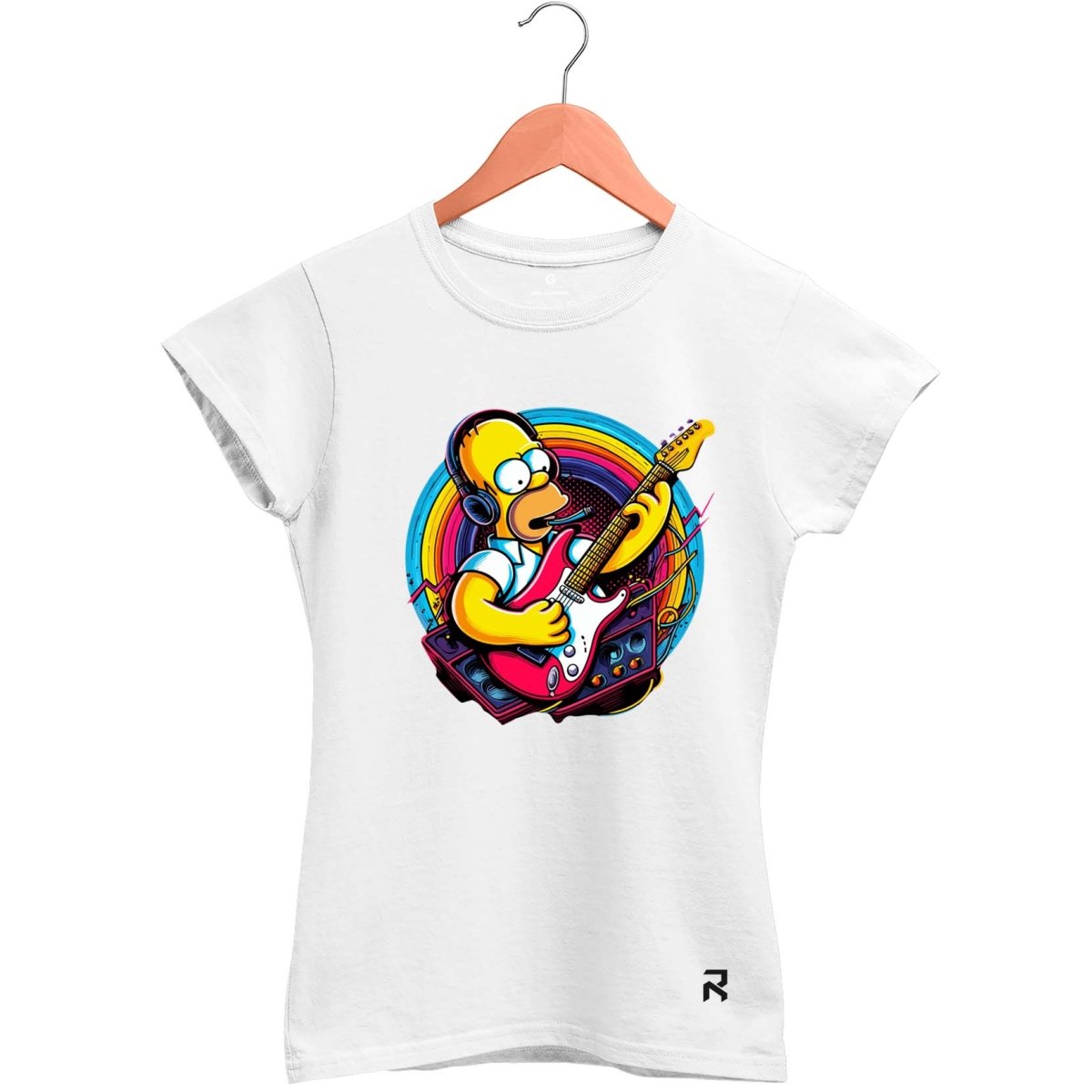 Camiseta Baby Look Feminina Homer Guitarra - Clube Rock - P - Branca -