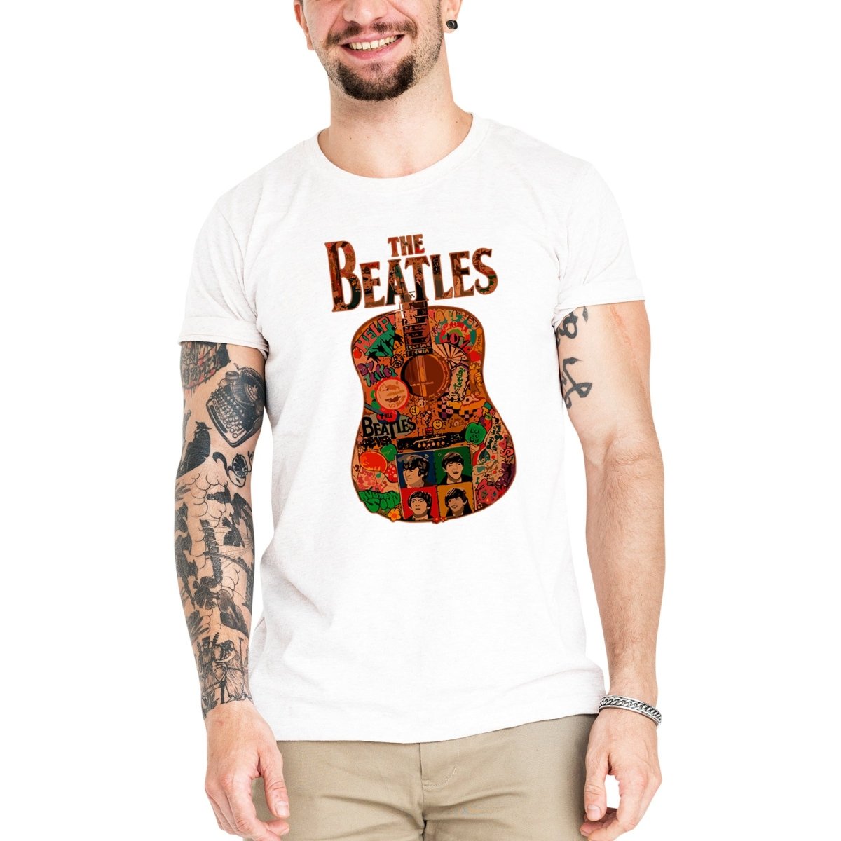 Camiseta Masculina The Beatles Violão - Clube Rock - P - Branca -