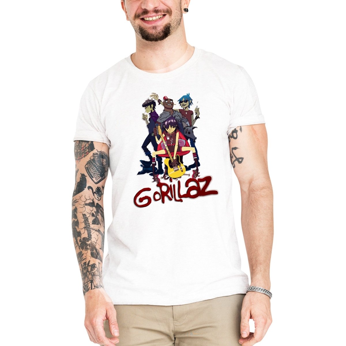 Camiseta Masculina Gorillaz Banda - Clube Rock - P - Branca -