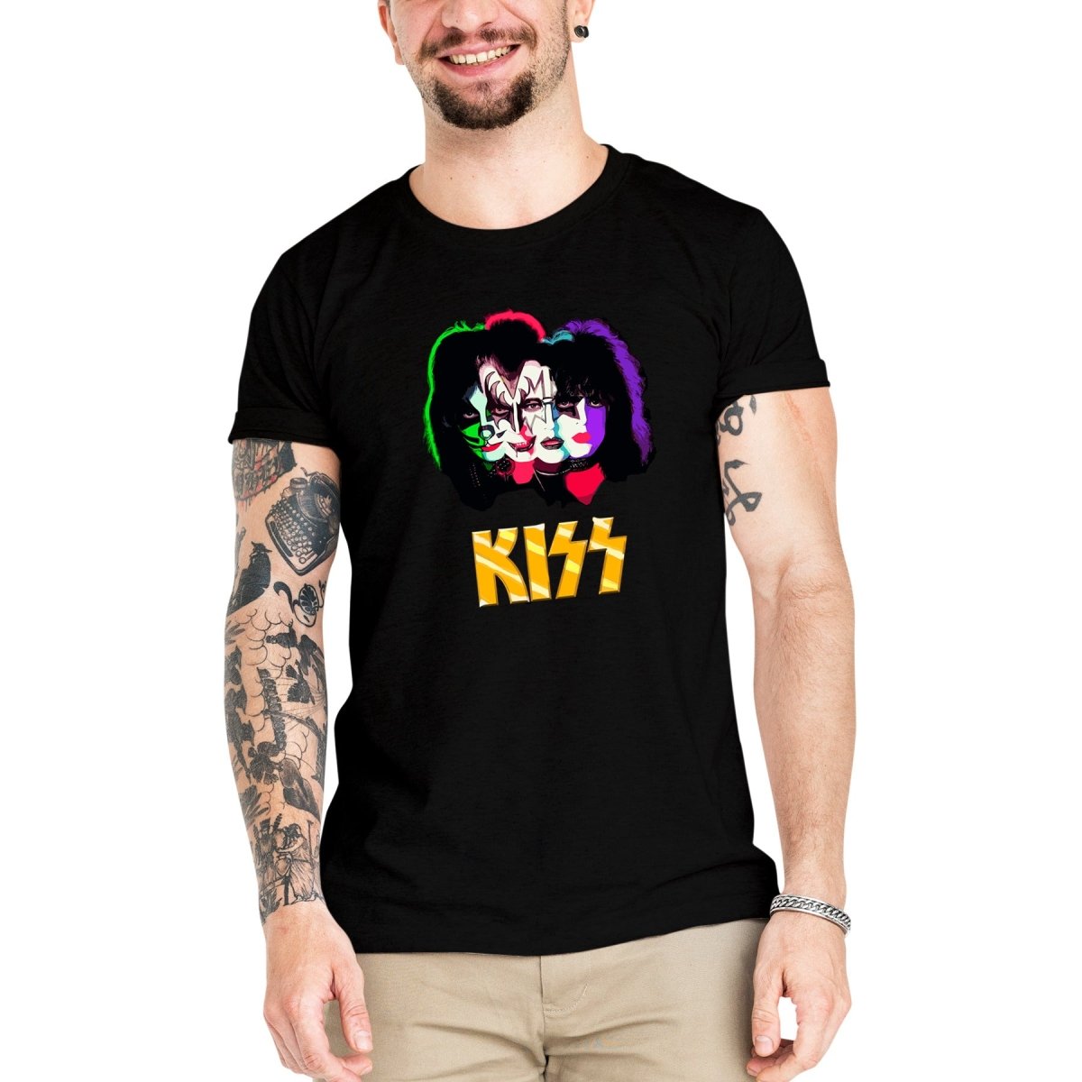 Camiseta Masculina Kiss Rostos - Clube Rock - P - Branca -