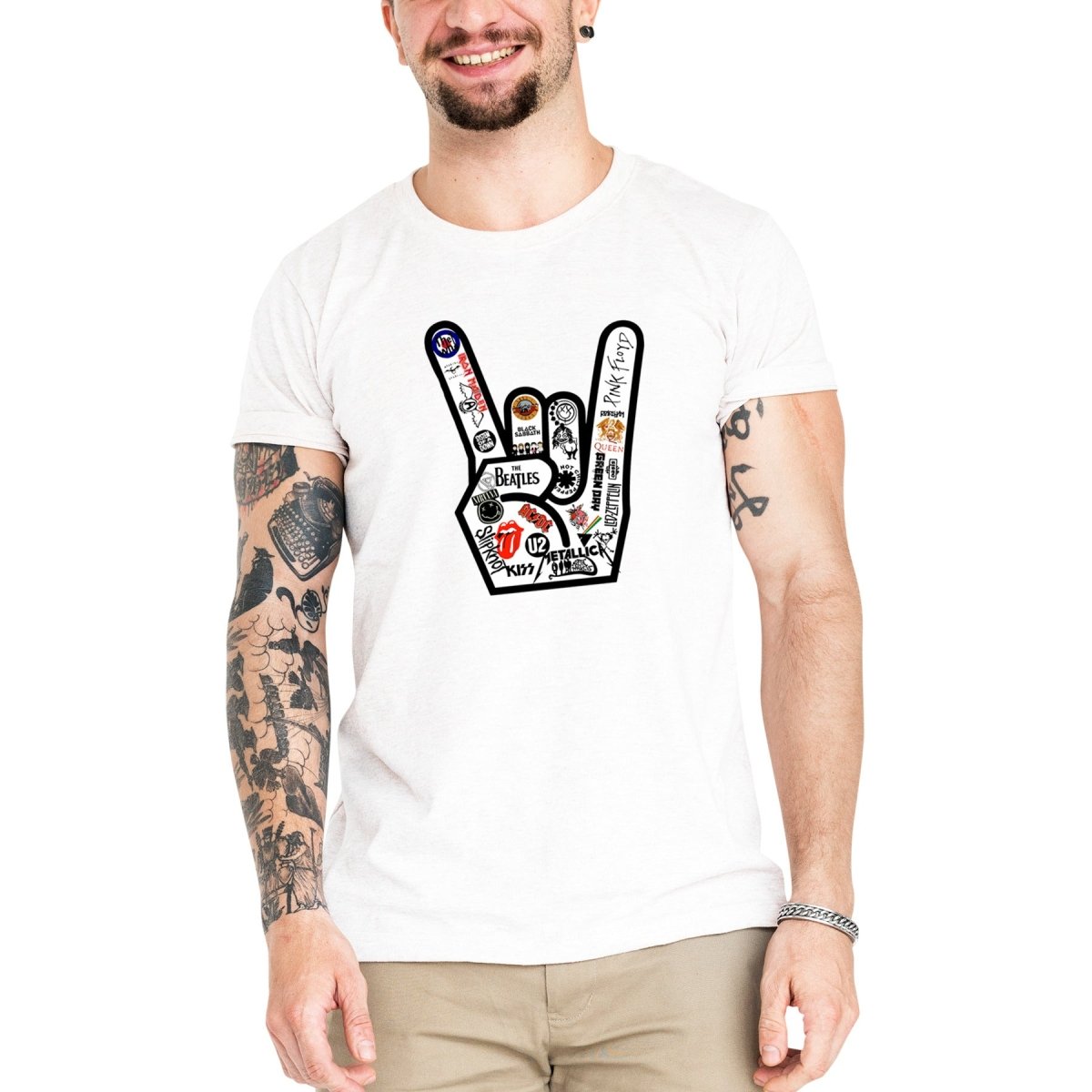 Camiseta Masculina Mão Rock Bandas - Clube Rock - P-MASC-055-BC - P - Branca -